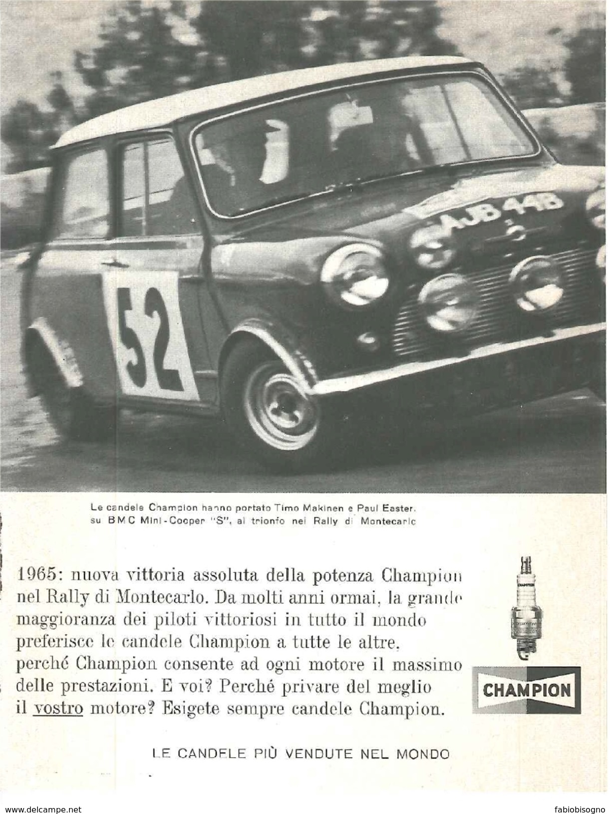 1966 - BMC Mini Cooper S - Rally Di Montecarlo - Candele CHAMPION - 1 P. Pubblicità Cm. 13 X 18 - Automobilismo - F1