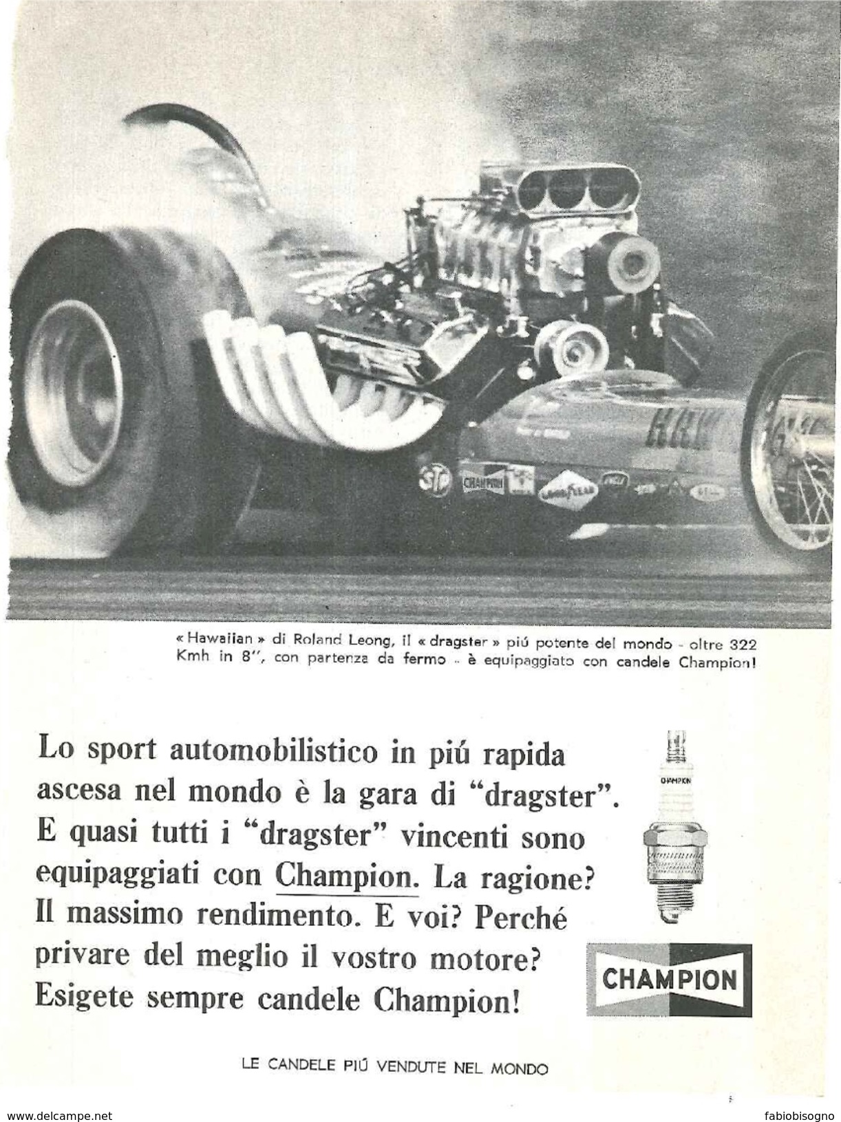 1966 - Roland Leong - Dragster HAWAIIAN - Candele CHAMPION - 1 P. Pubblicità Cm. 13 X 18 - Automobilismo - F1