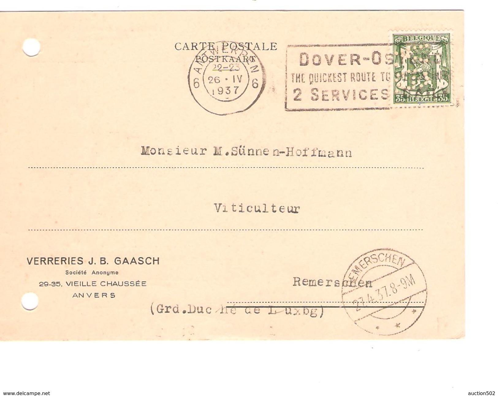 TP 425 Perforé V.G S/CP Verreries J.B.Gaasch C.Méc.Antwerpen+flamme Dover-Ostende 26/4/37 V.Gd Duché Remerschen PR4137 - 1934-51