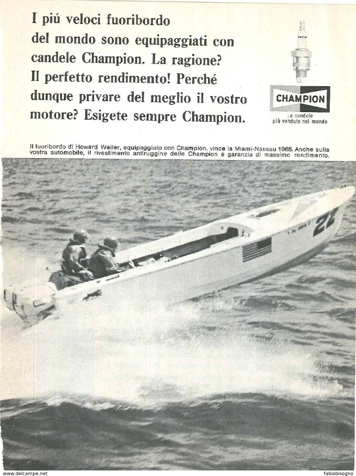 1965 - Motonautica Howard Weiler  - Candele CHAMPION - 1 P. Pubblicità Cm. 13 X 18 - Altri & Non Classificati