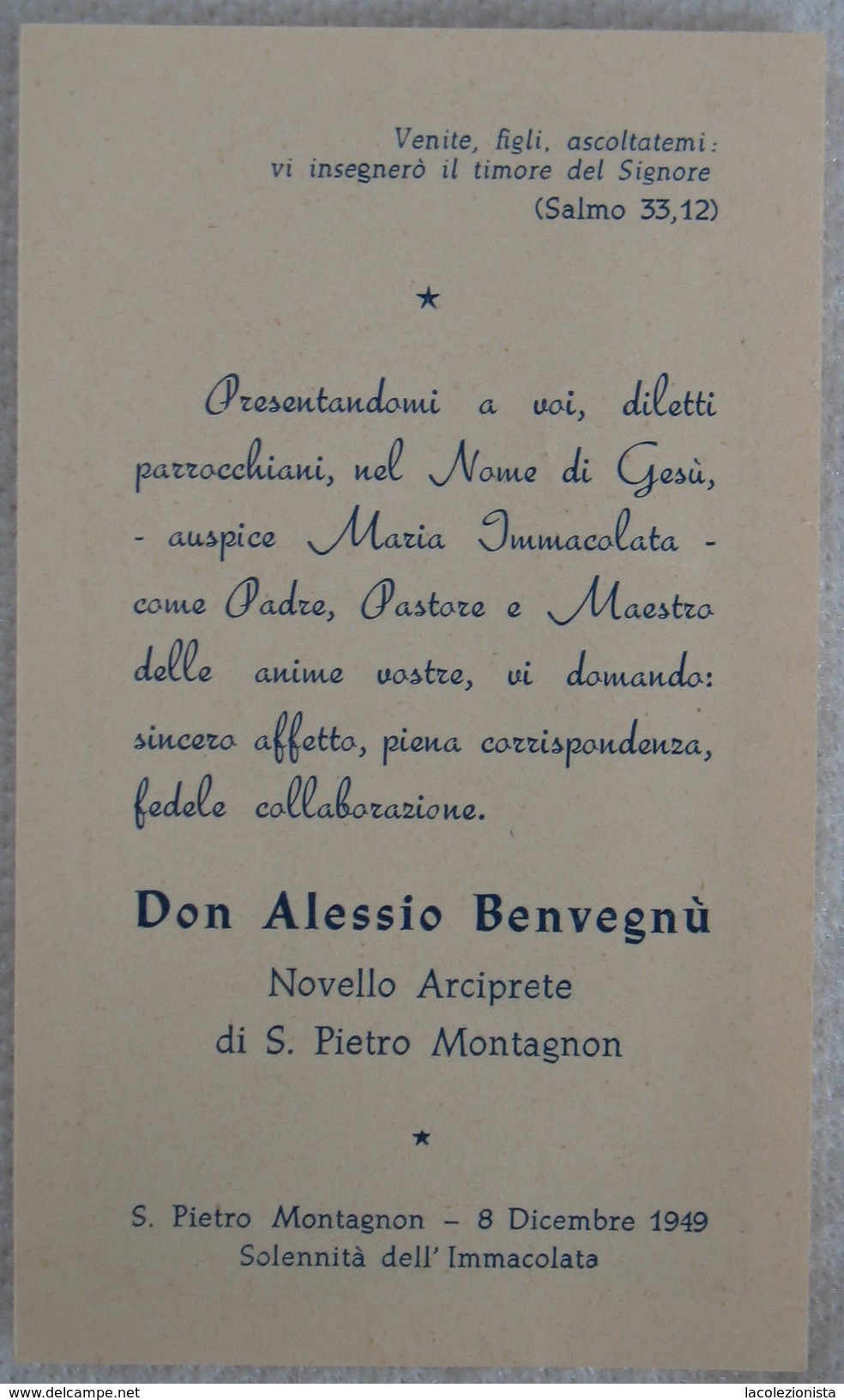 382E/54  SANTINO IMMAGINE 1949 DON ALESSIO BENVEGNU' NOVELLO ARCIPRETE DI S. PIETRO MONTAGNON - Santini