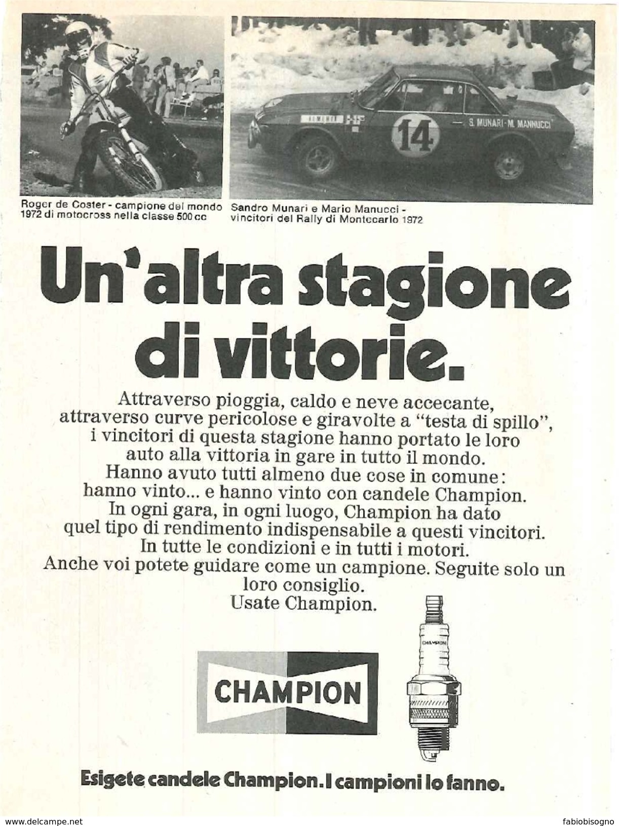 1972 - Ferrari / Fittipaldi / Rally Di Mantecarlo - Candele CHAMPION - 2 P. Pubblicità Cm. 13 X 18 - Automobilismo - F1