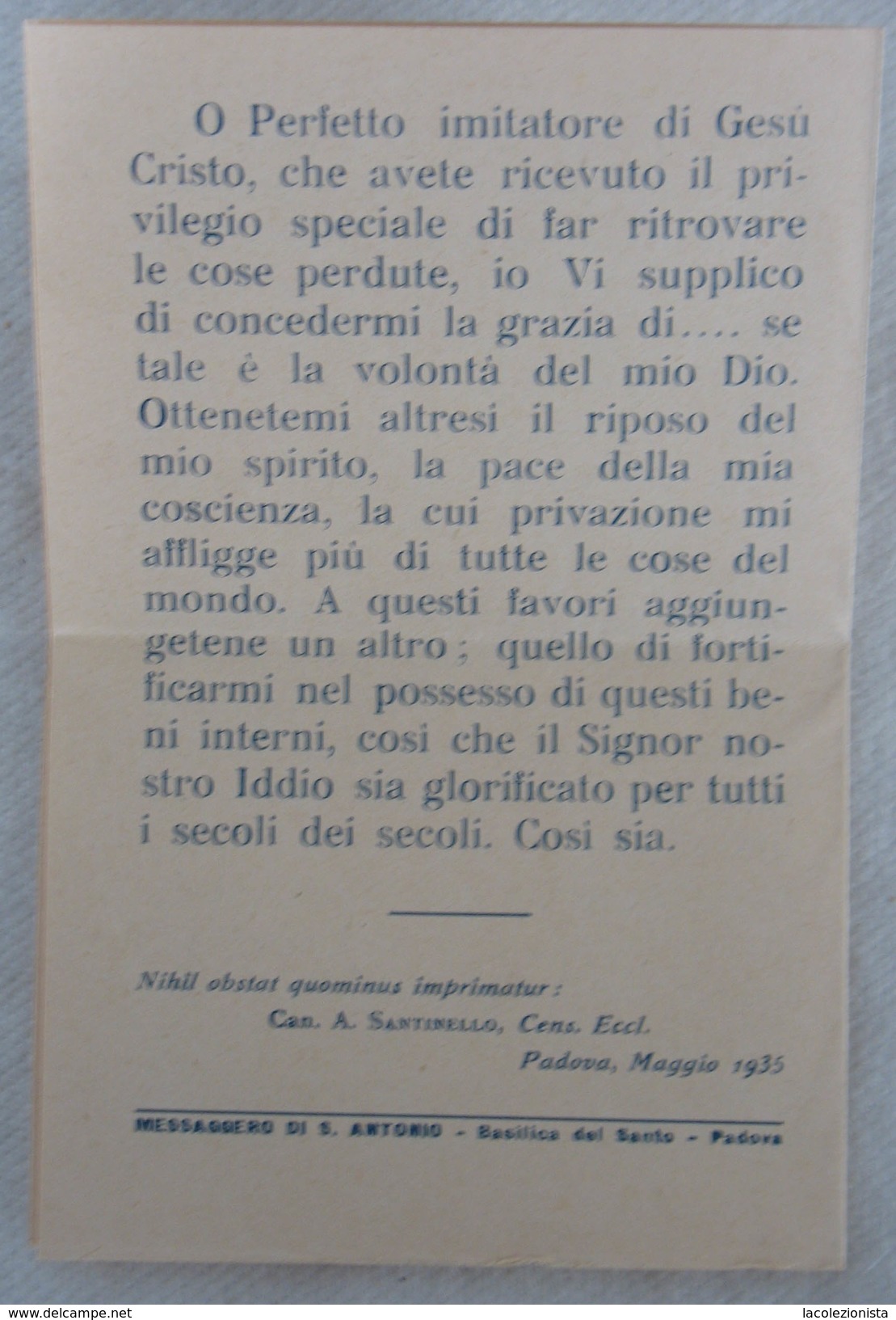 382E/62  SANTINO IMMAGINE PADOVA MAGGIO 1935 ORAZIONE A S. ANTONIO - Santini