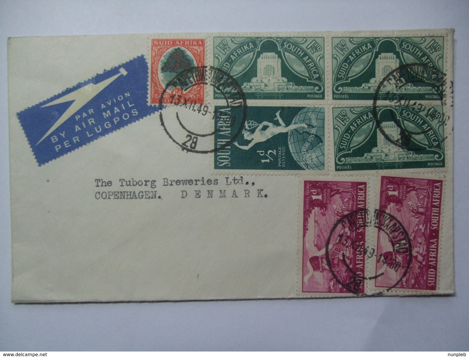 SOUTH AFRICA - 1949 Air Mail Cover To Tuborg Breweries Copenhagen Denmark - Covers & Documents