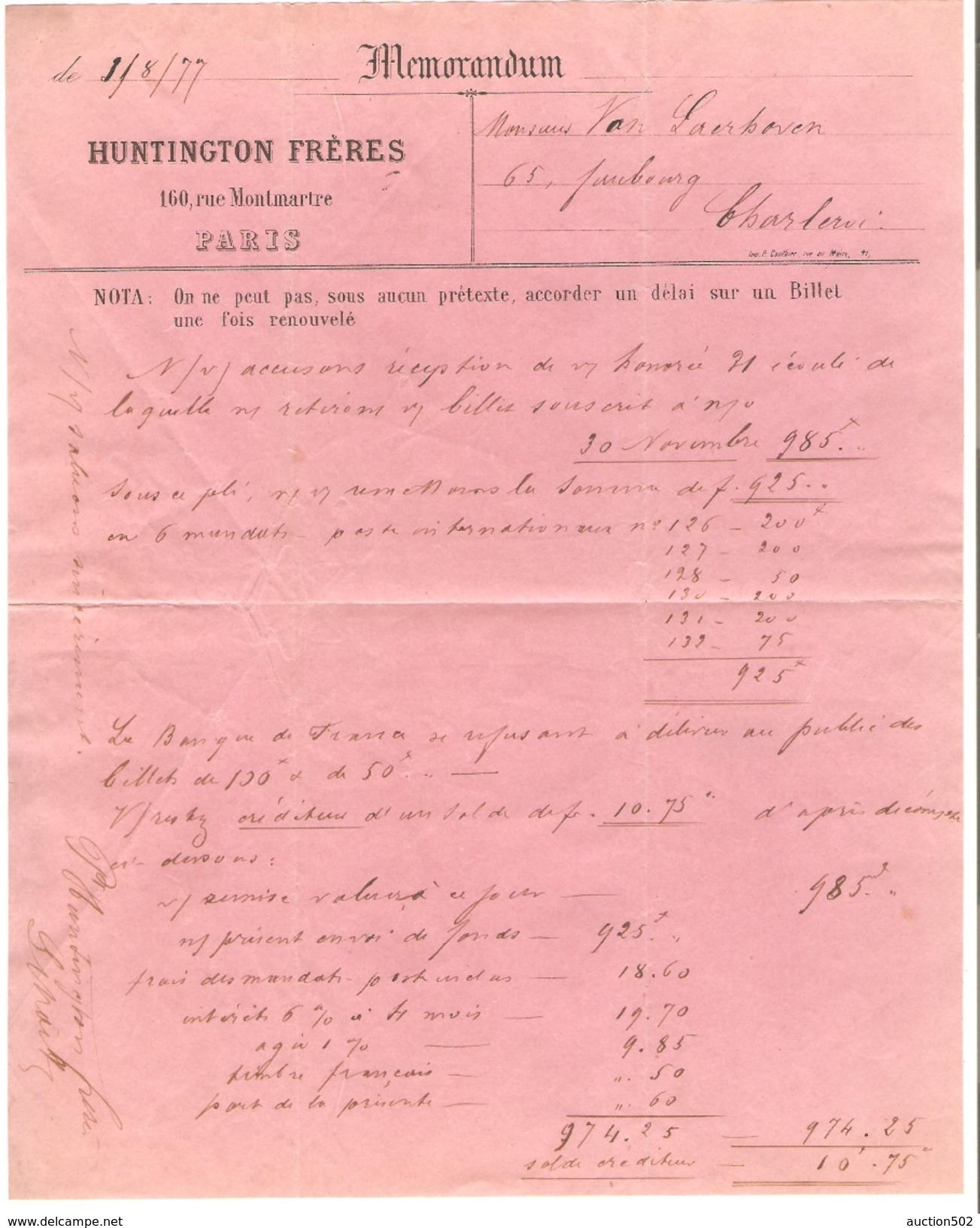 Facture Datée 1/8/1877 De Huntington Frères Paris Pour Charleroi Belgique PR4142 - 1800 – 1899