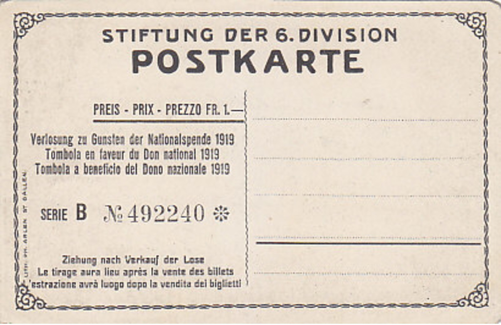 Stiftung Der 6. Division - Verlosungskarte Zur Nationalspende 1919    (P25-40831) - Régiments