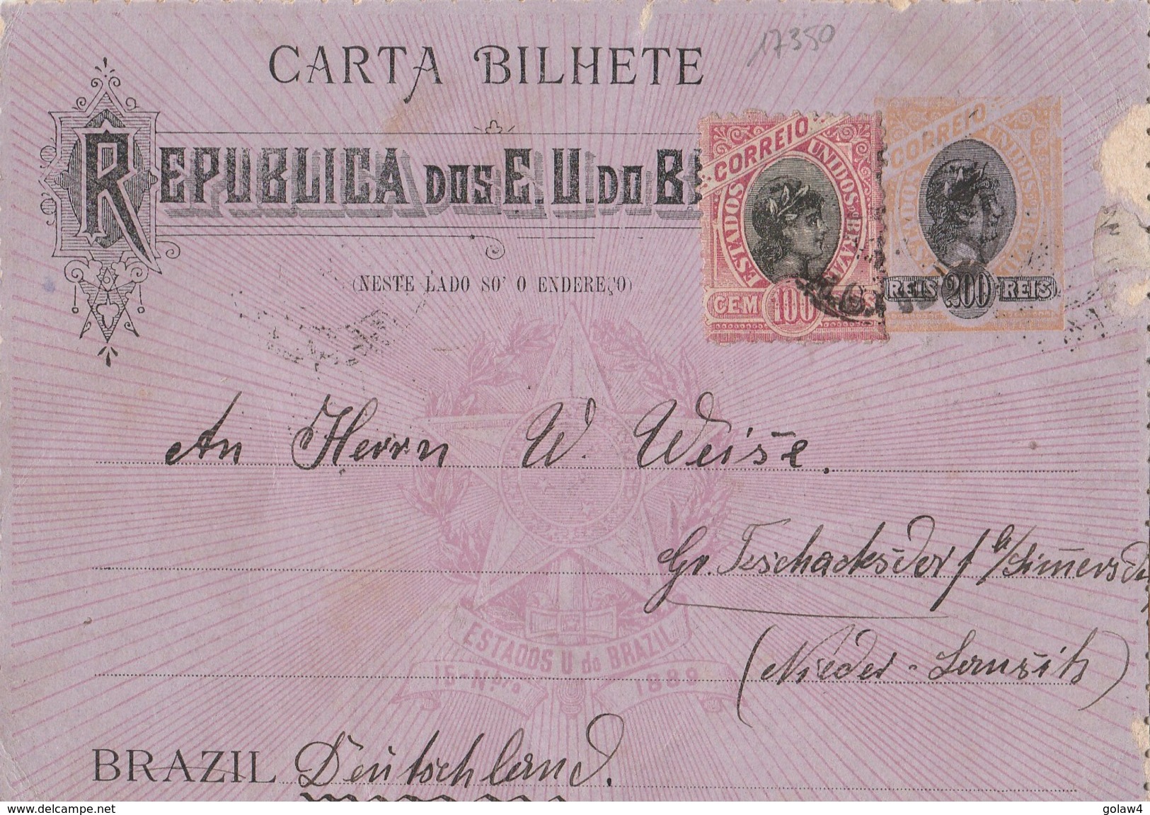 17350# BRESIL ENTIER POSTAL ILLUSTRE CASA DA MOEDA RIO DE JANEIRO 1899 SIMMERSDORF STATIONERY GANZSACHE ALLEMAGNE - Enteros Postales