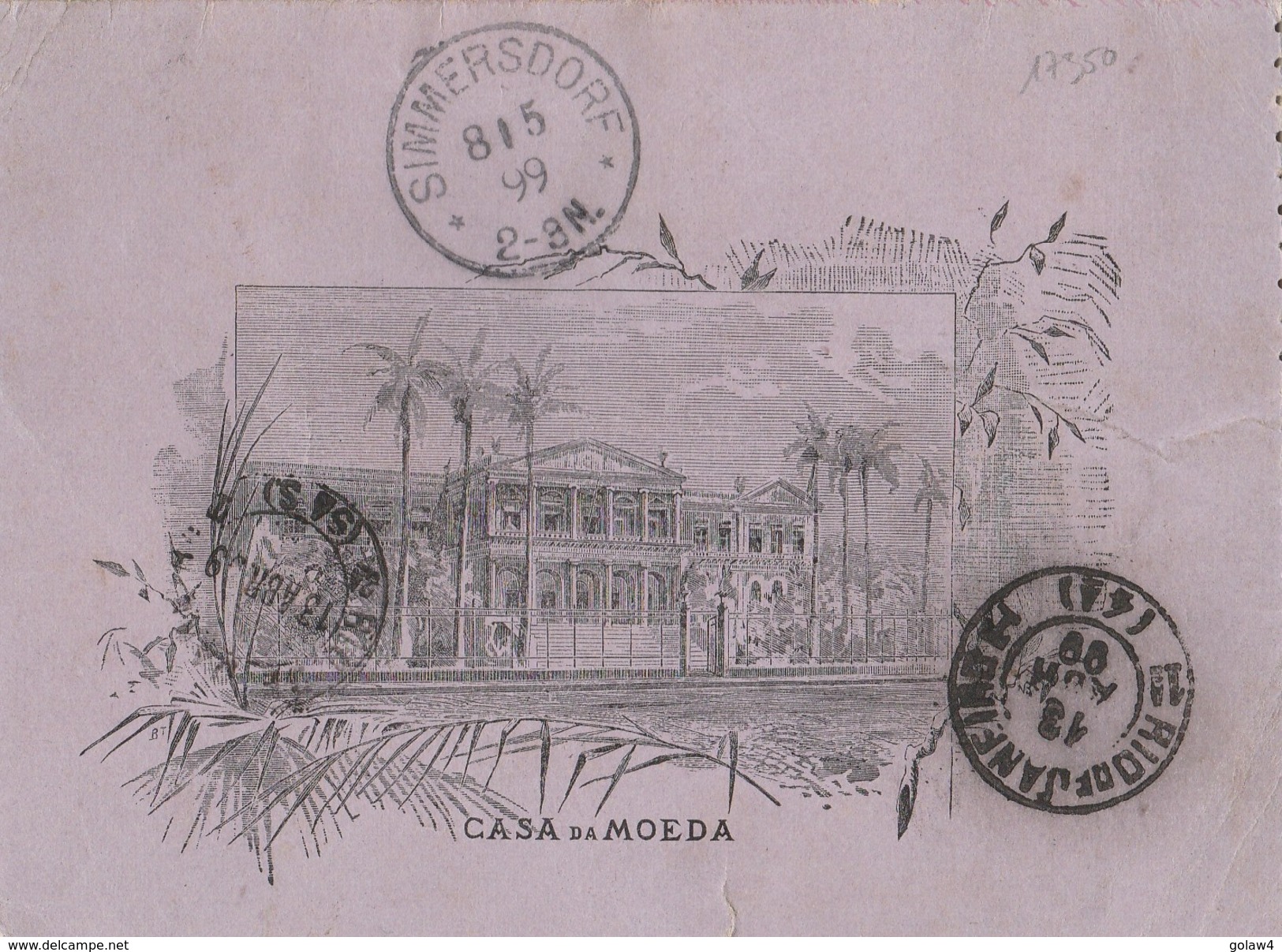 17350# BRESIL ENTIER POSTAL ILLUSTRE CASA DA MOEDA RIO DE JANEIRO 1899 SIMMERSDORF STATIONERY GANZSACHE ALLEMAGNE - Enteros Postales