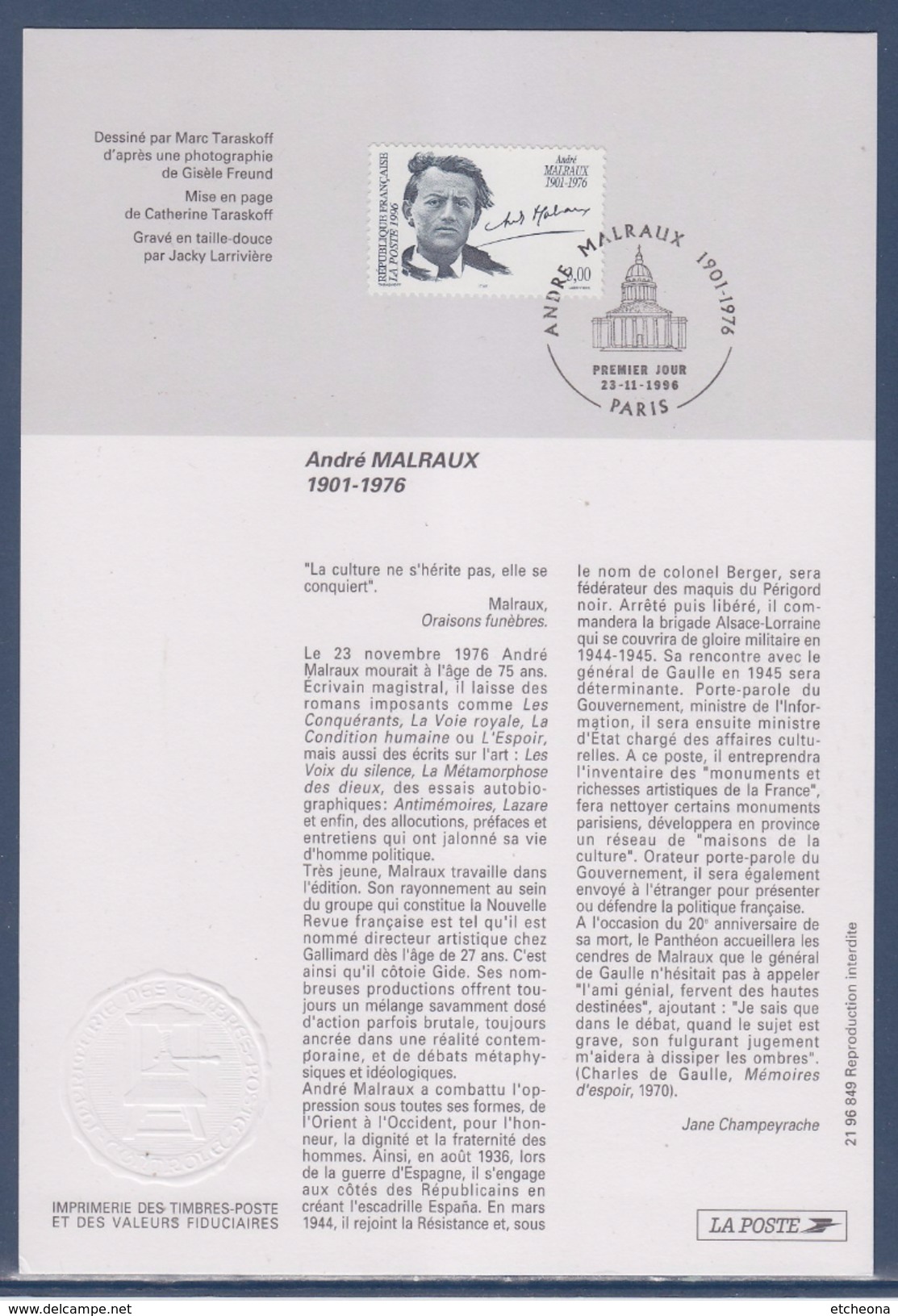 = Encart Triple Et Document 1er Jour André Malraux Au Panthéon Paris 23.11.96, - Covers & Documents