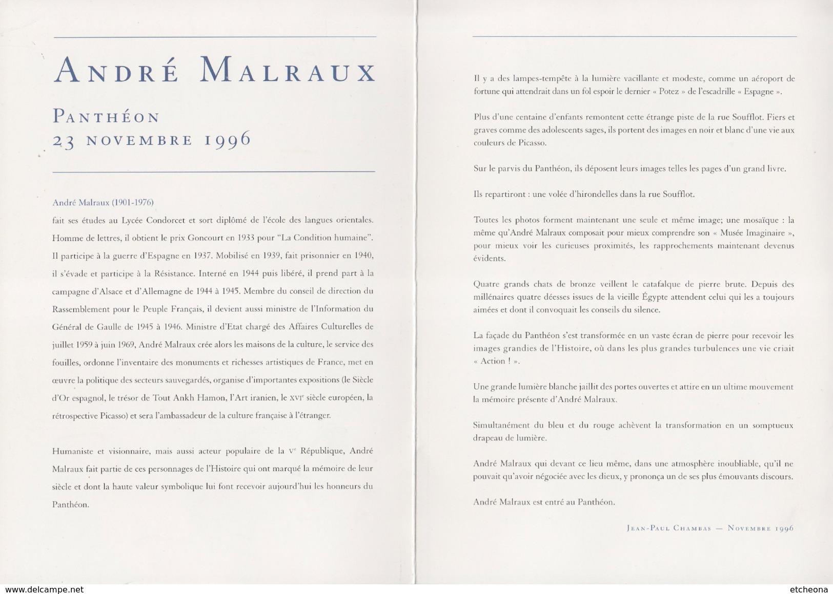 = Encart Triple Et Document 1er Jour André Malraux Au Panthéon Paris 23.11.96, - Covers & Documents