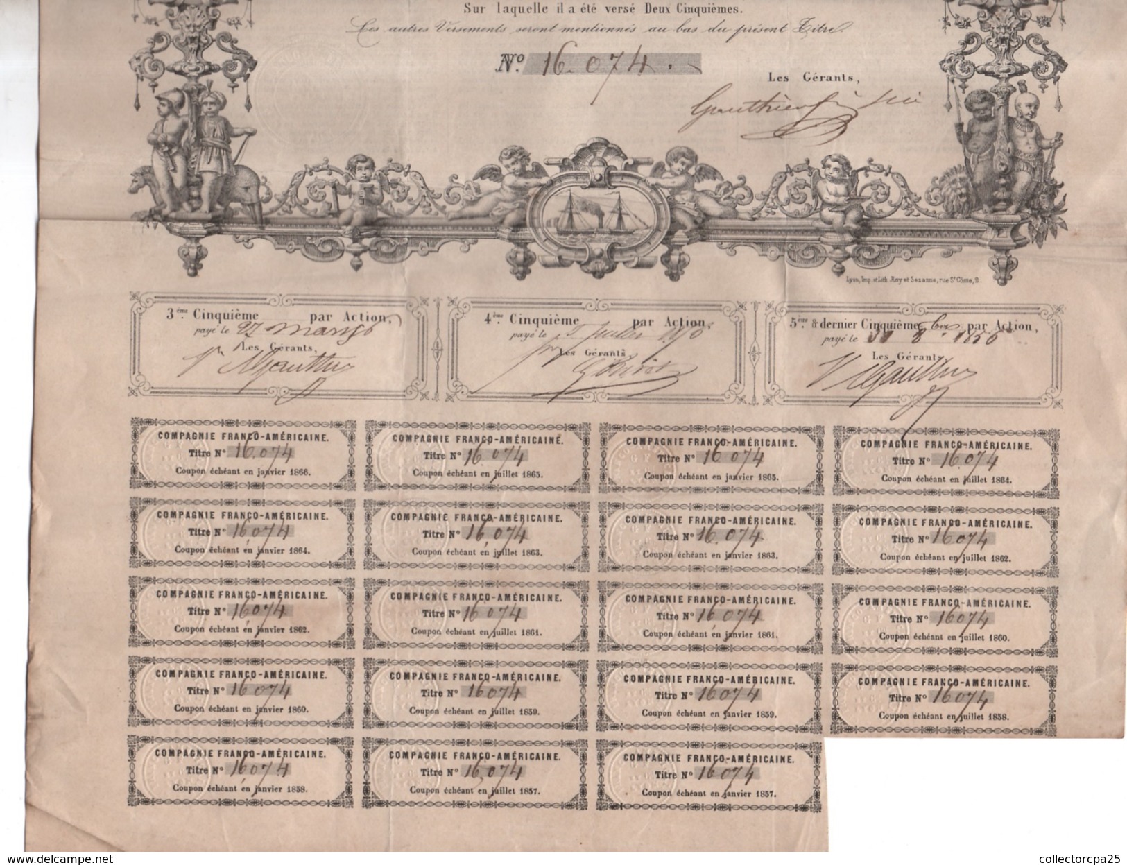 Action Navigation Maritime Compagnie Franco Américaine Gauthier Frères & Cie Lyon 1855 N°16074 De 500 Francs Au Porteur - Navigation