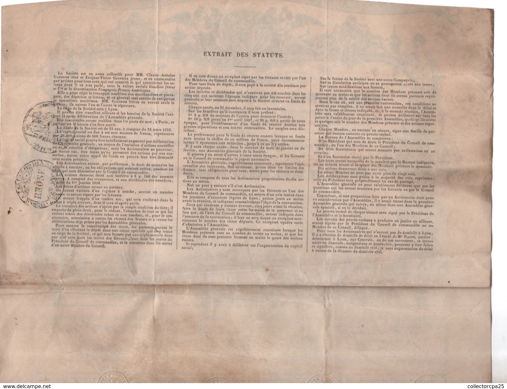 Action Navigation Maritime Compagnie Franco Américaine Gauthier Frères & Cie Lyon 1855 N°16074 De 500 Francs Au Porteur - Navigation