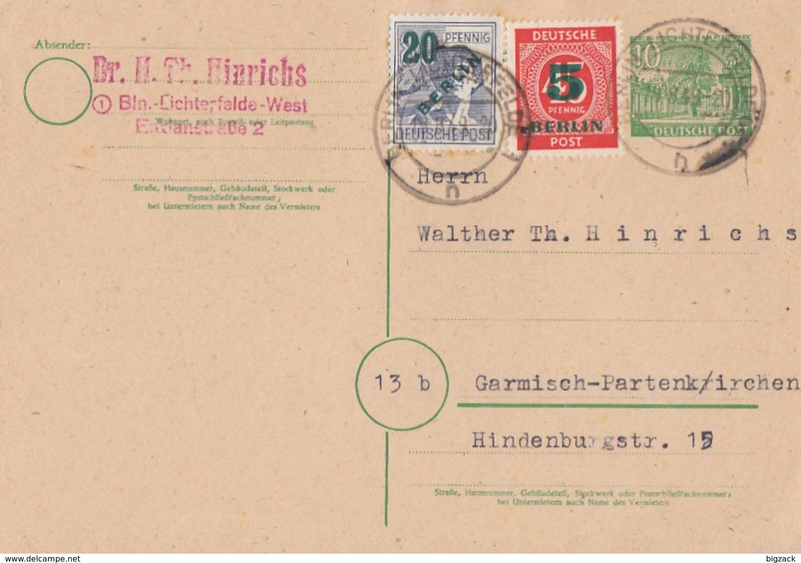 Berlin Ganzsache Zfr. Minr.64,65 Berlin 19.8.49 - Briefe U. Dokumente