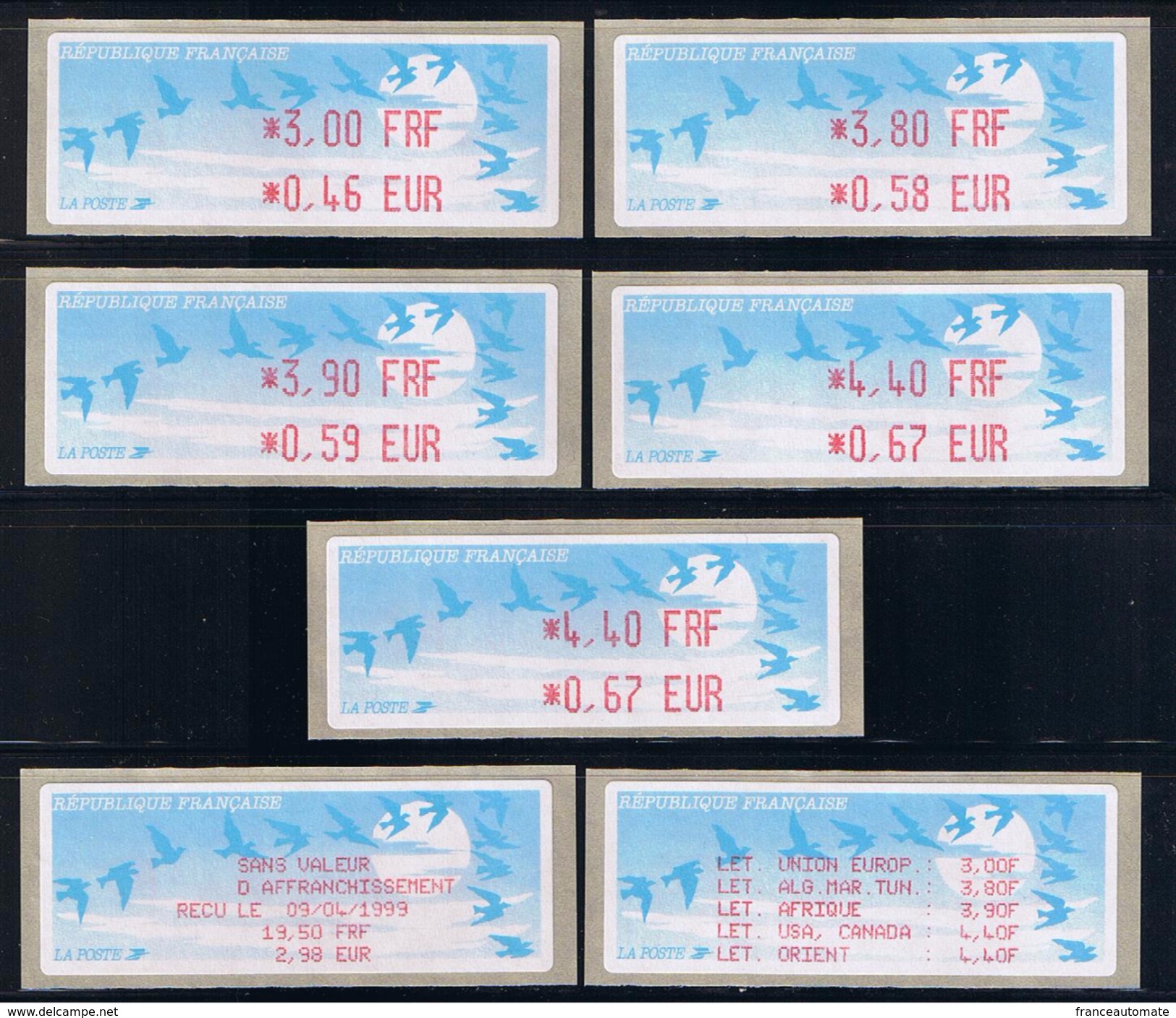 28 ATMS, LISA1, DES 20 TARIFS DE BASE DE TOUTES LES VALEURS DE L'ECHELON 20 G DE LA TABLE DES TARIFS EN SERVICE DE 1999. - 1990 Type « Oiseaux De Jubert »