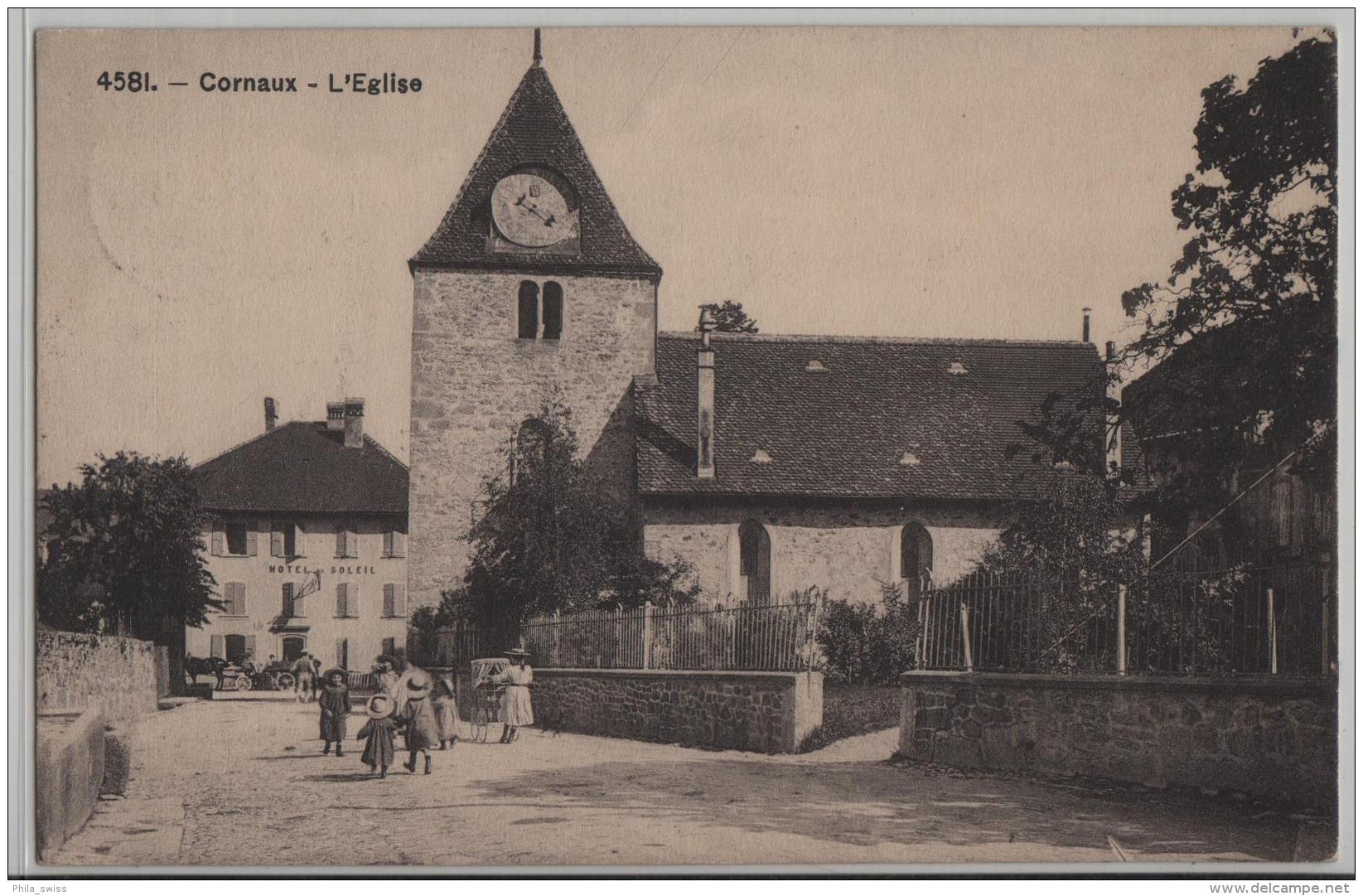 Cornaux - L'Eglise, Hotel Du Soleil - Animee - Phototypie No. 4581 - Cornaux