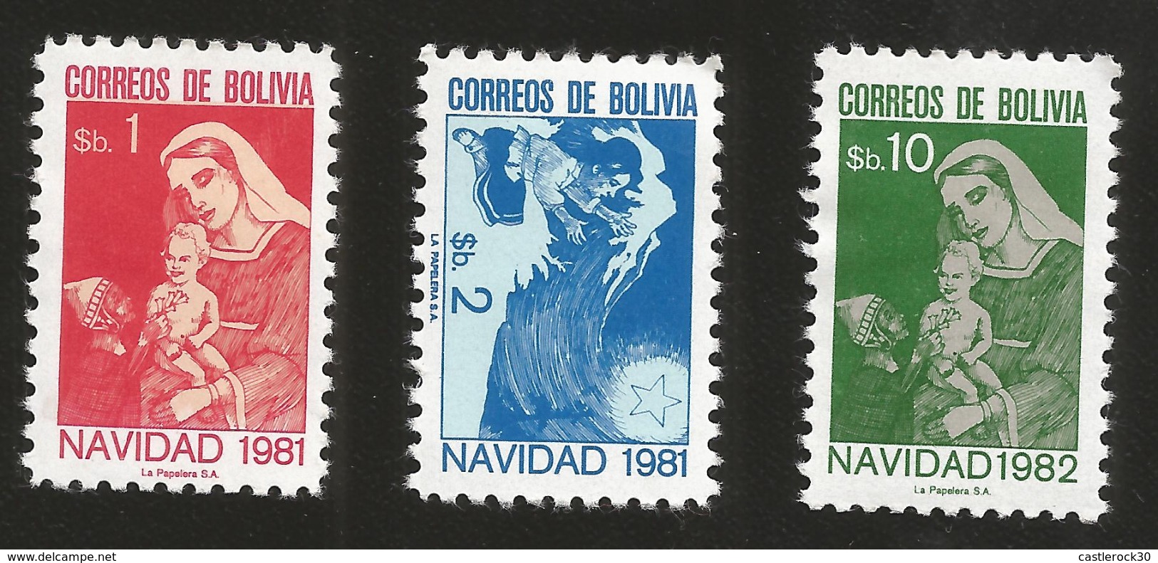 J) 1981 BOLIVIA, THE VIRGIN MARY AND THE JESUS CHILD, CHRISTMAS, SET OF 3, MINT - Bolivia