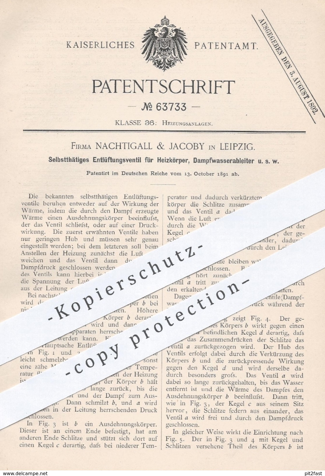 Original Patent - Nachtigall & Jacoby , Leipzig  1891 , Entlüftungsventil Für Heizkörper , Dampfwasserableiter | Heizung - Historische Dokumente