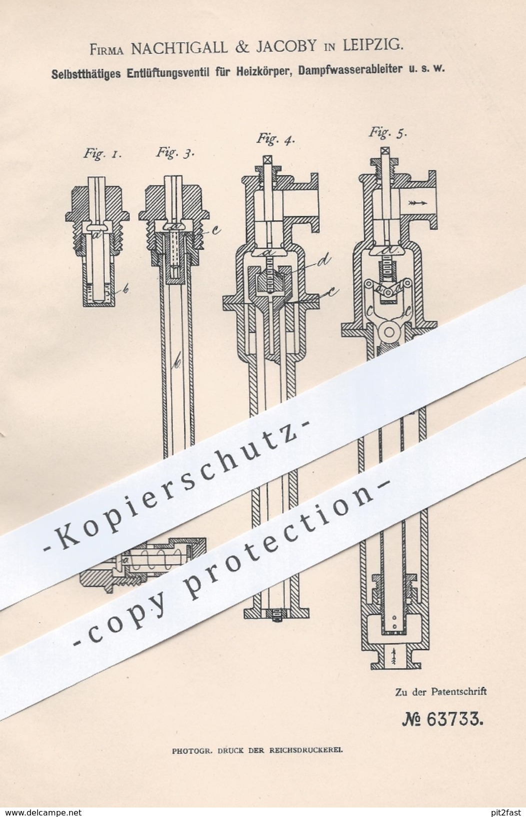 Original Patent - Nachtigall & Jacoby , Leipzig  1891 , Entlüftungsventil Für Heizkörper , Dampfwasserableiter | Heizung - Historische Dokumente