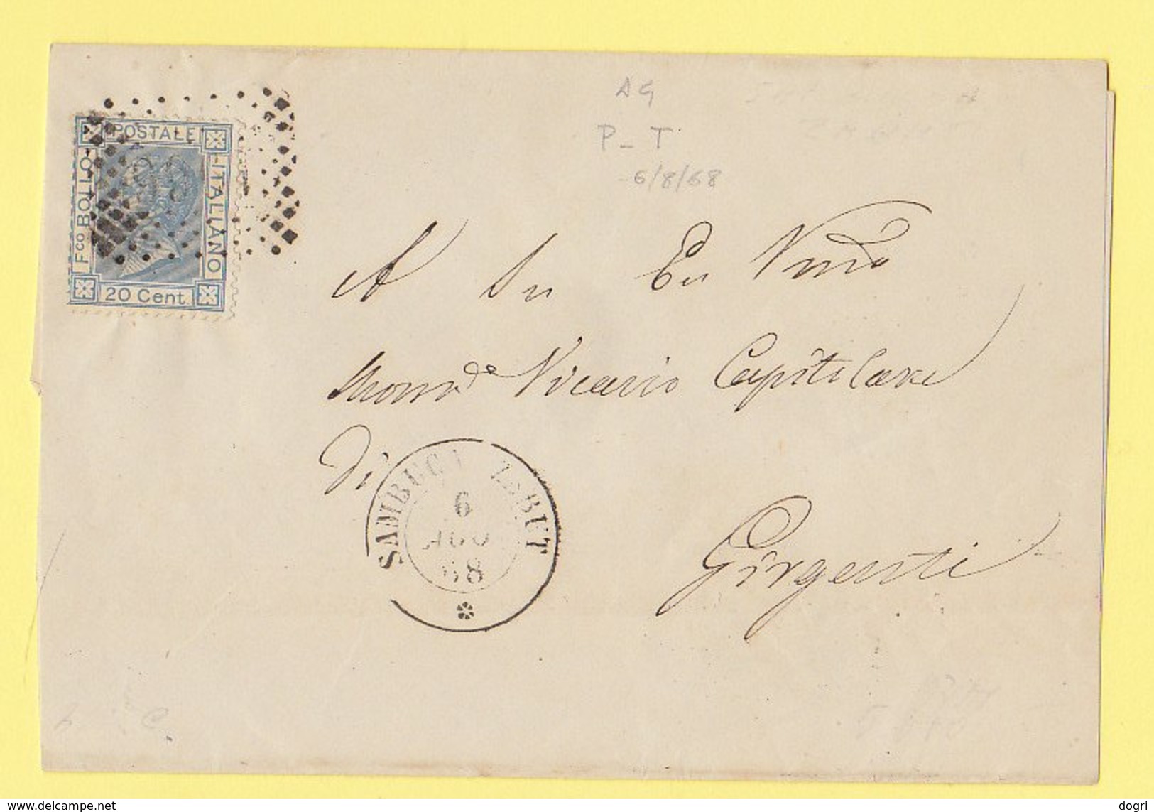 1867 - Sass. 26 - Vittorio Eman. Ll  20c. Sambuca Per Girgenti - Storia Postale