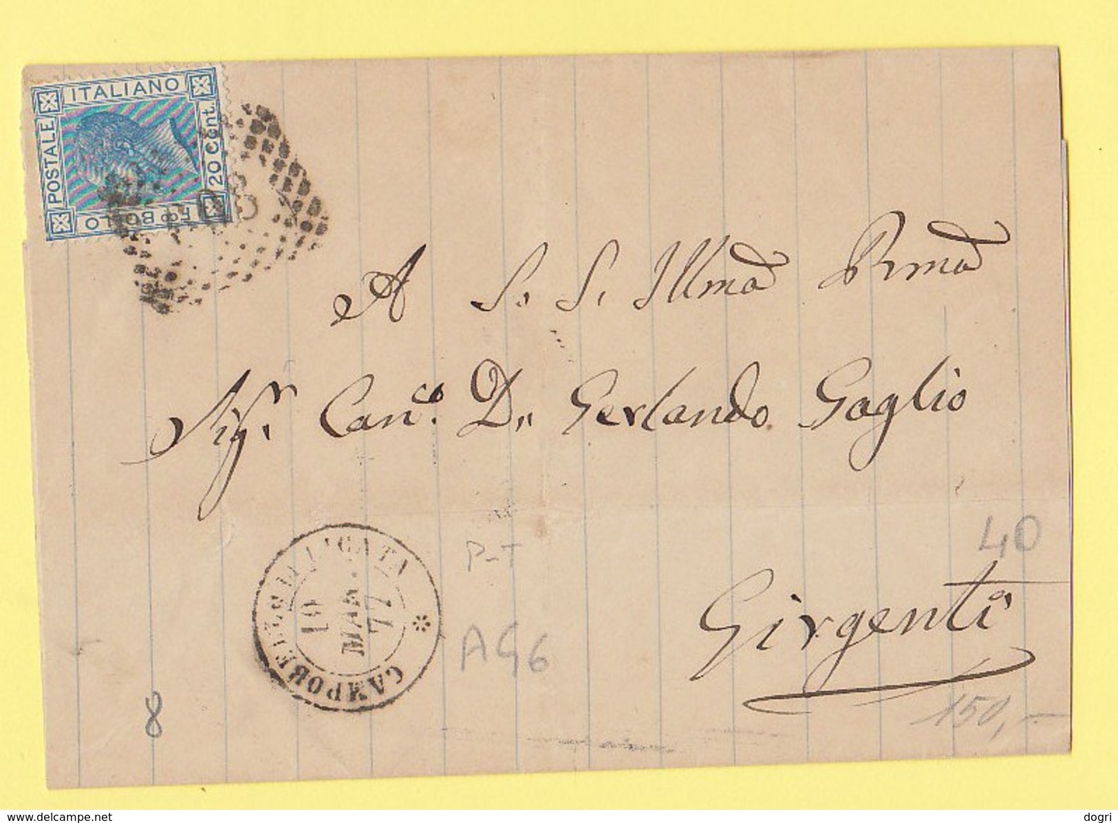 1867 - Sass. 26 - Vittorio Eman. Ll  20c. Campobello Di Licata Per Girgenti - Storia Postale