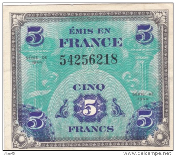 France #115a, 5 Francs 1944 Banknote Currency - 1944 Flag/France