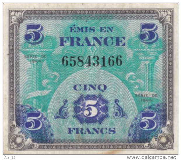 France #115a, 5 Francs 1944 Banknote Currency - 1944 Vlag/Frankrijk