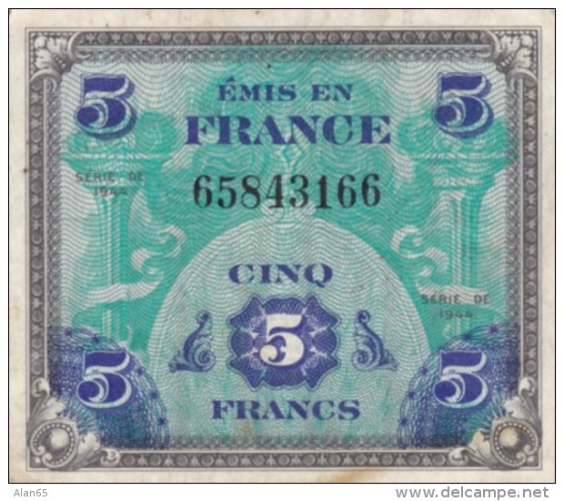 France #115a, 5 Francs 1944 Banknote Currency - 1944 Flag/France