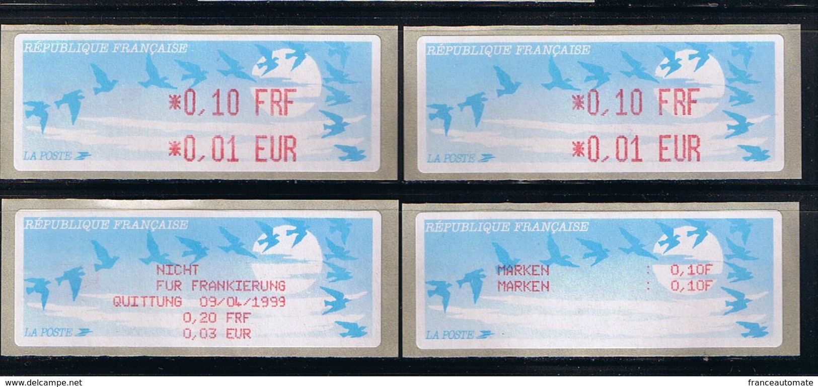 ATMS, LISA1, OISEAUX DE JUBERT, 0.10 FRF/0.01 EUR, Avec Reçu FRF/EUR Et VIGNETTE En Allemand. Programme DU 1er /01/1999. - 1990 « Oiseaux De Jubert »