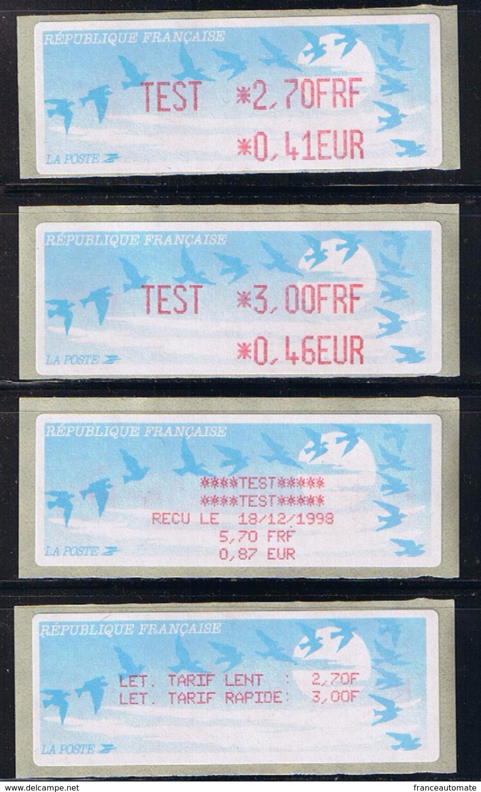 ATMs, LISA1, OISEAUX DE JUBERT, TEST, E 2.70FRF/0.41 EUR Et TEST,3.00 FRF/ 0.46 EUR. PARITE EURO EN SERVICE LE 1/01/1999 - 1990 « Oiseaux De Jubert »