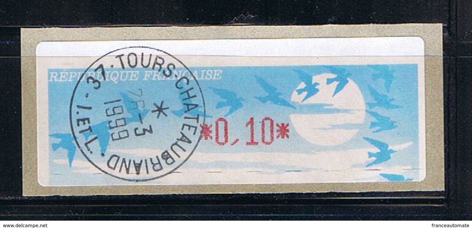 ATM, LISA1, VARIETE MAJEURE D' IMPRESSION, 0.10, Oblitéré Tours 26/03/1999, Papier Jubert Bleu Turquoise - Gebruikt