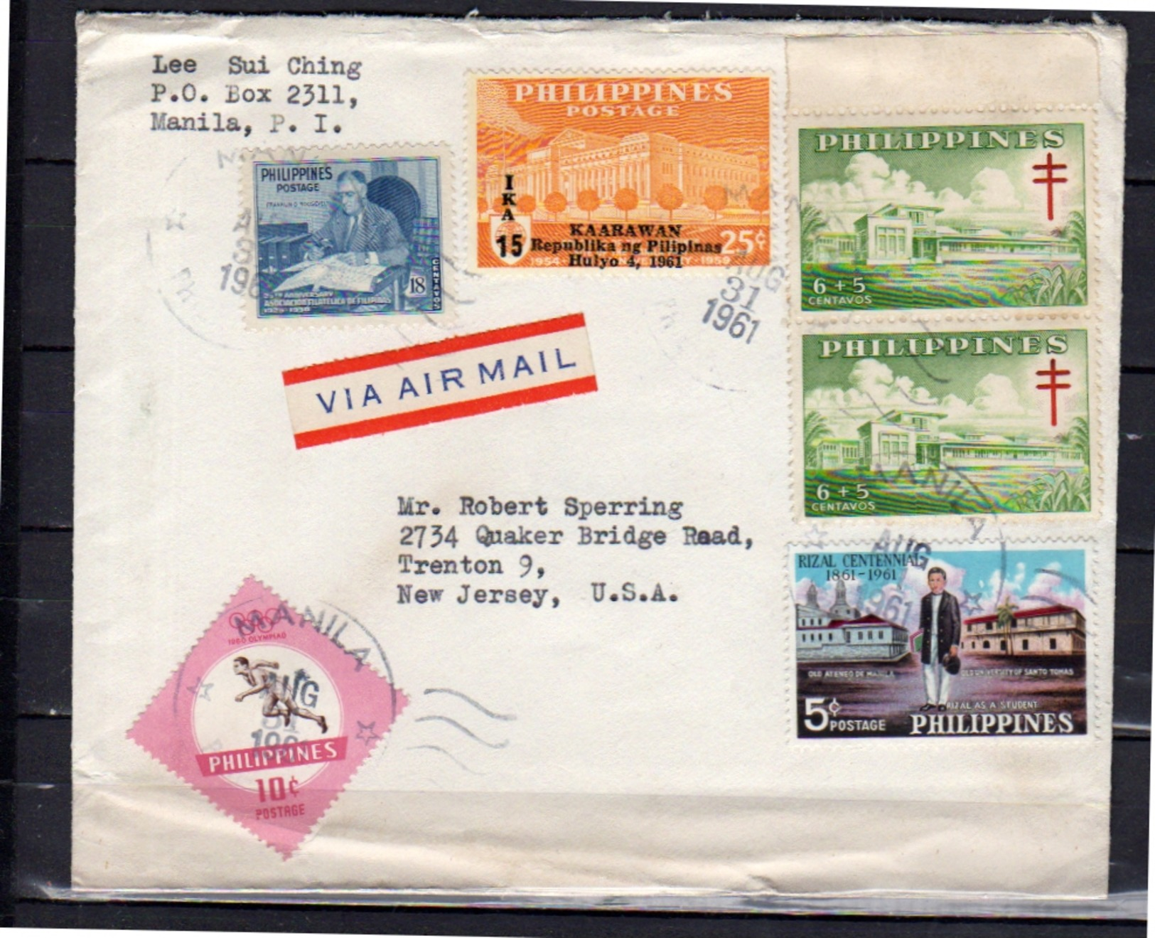 Kaarawan Overprint 1961 & Roosevelt, Tuberculosis On Cover > Trenton USA - Filippijnen