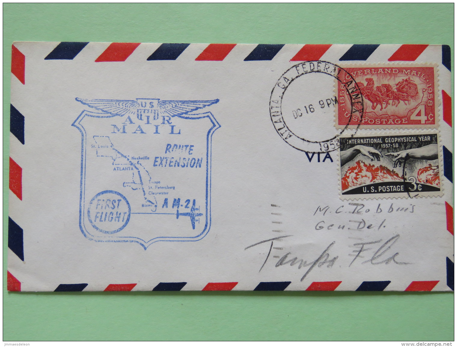 USA 1958 First Flight Cover Atlanta (Miami Back Cancel) To Tampa - Map - Plane - Mail Coach Horses - Geophysical Year - - Briefe U. Dokumente