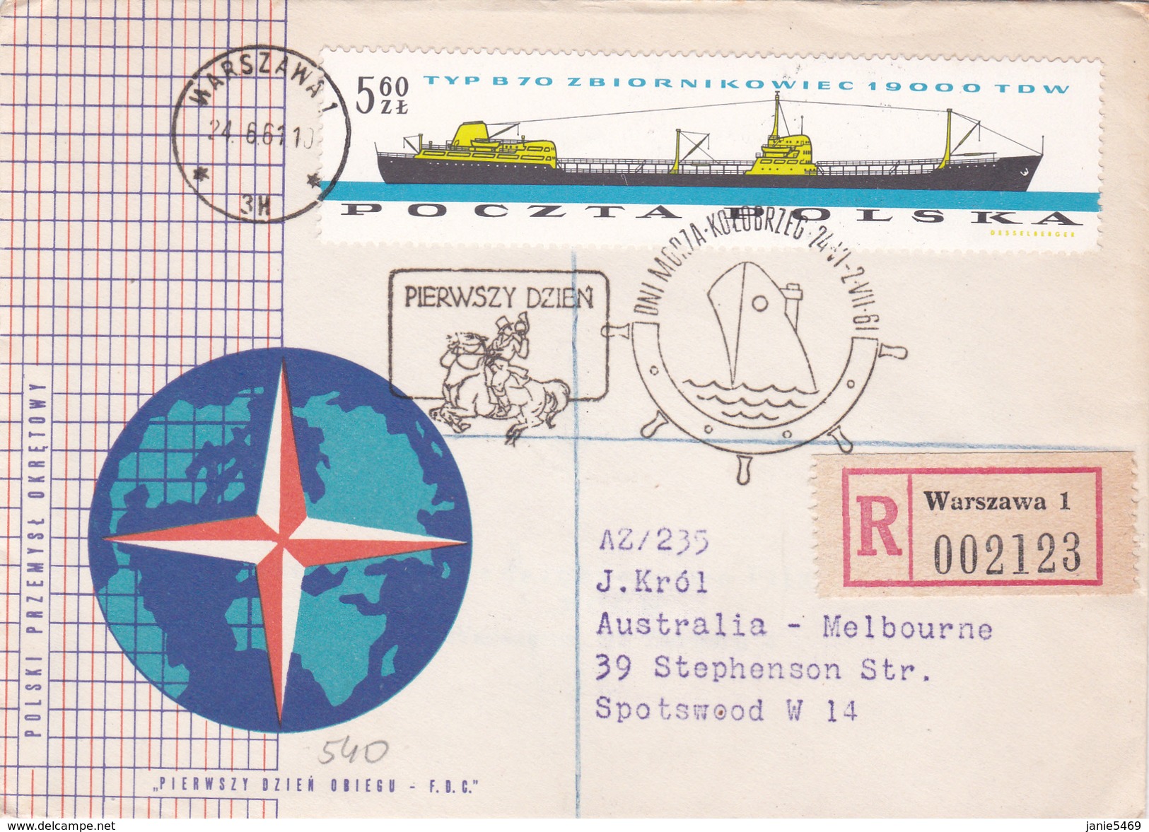 Poland 1966 Ships 5.60 Zl On Registered Letter Sent To Australia - Covers & Documents