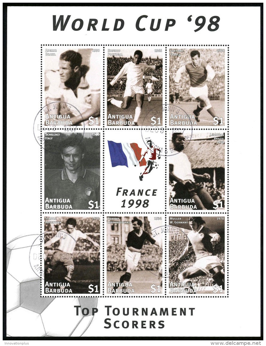 Antigua Sc# 2100 SG# 2528/2535 Used Souvenir Sheet 1997 World Cup Soccer - Antigua Und Barbuda (1981-...)