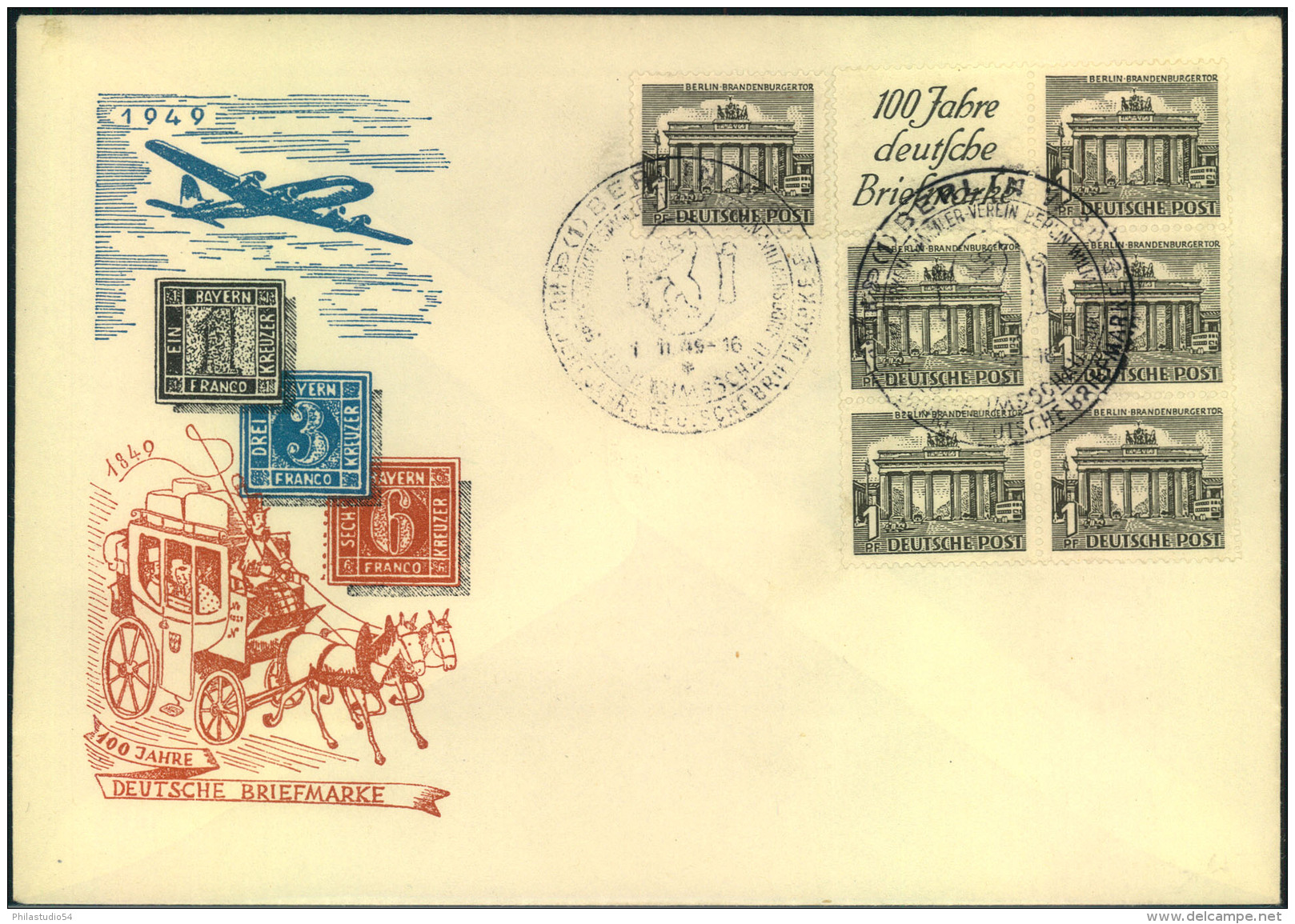 1949, Heftchenblatt 1 Pfg. Bauten Mit Reklame ""100 Jahre Deutsche Briefmarken"" Auf FDC - Se-Tenant
