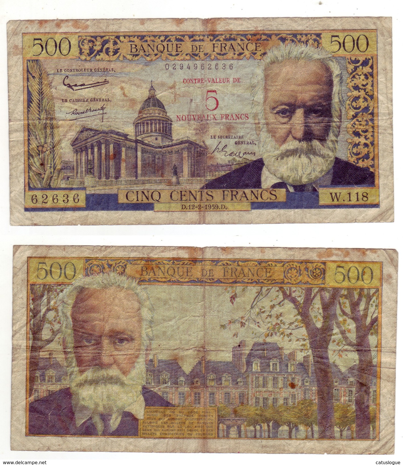 500 F Victor Hugo Surchargé - 1955-1959 Overprinted With ''Nouveaux Francs''