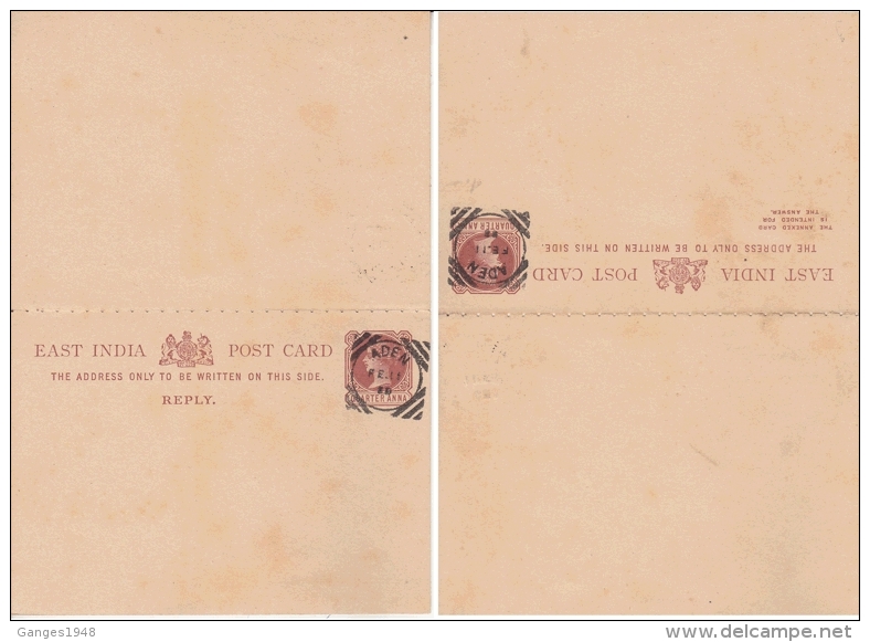 India  1880's Aden  CDS On QV 1/4A  Perforated Reply Pair  Postal Stationary  Post Card # 94128  Inde Indien - 1858-79 Compañia Británica Y Gobierno De La Reina