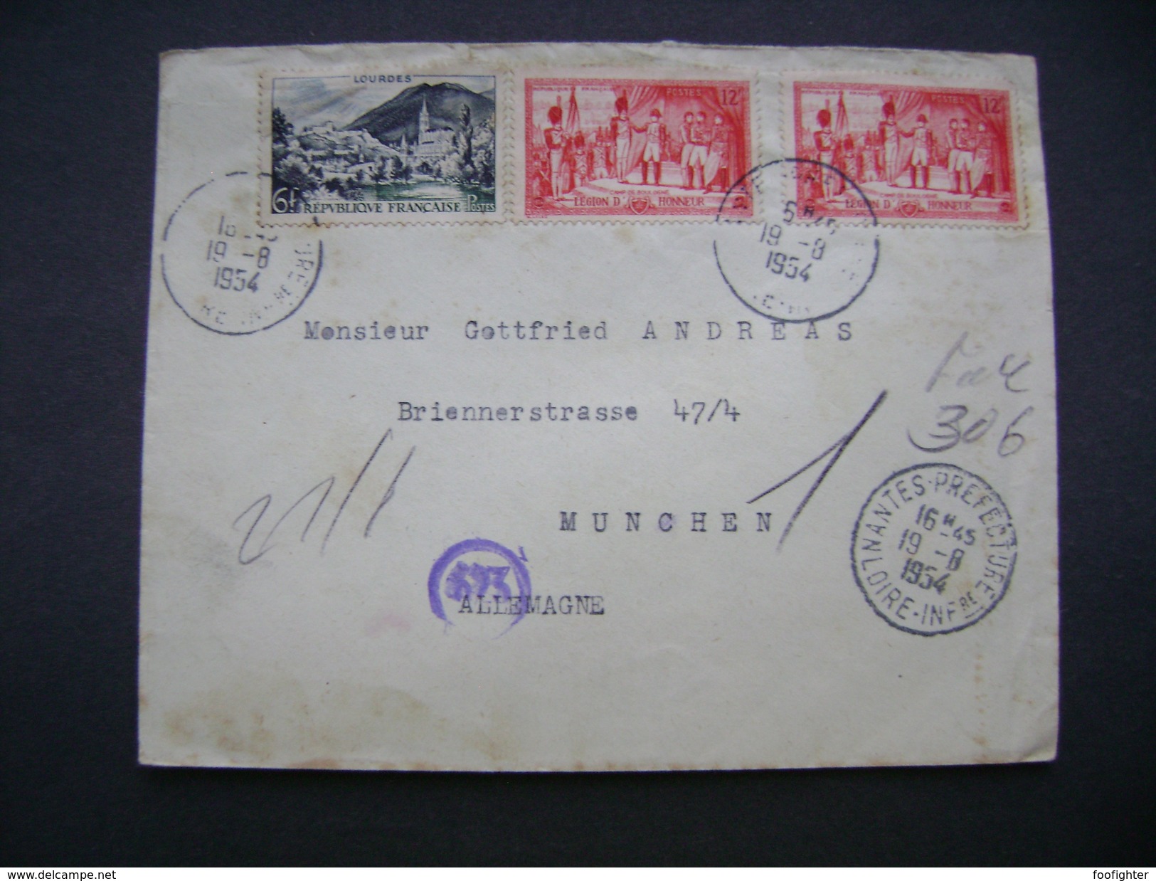 Lettre 1954 Cachet NANTES PREFECTURE LOIRE INFre - Allemagne, 6 F Lourdes, 2x 12 F Camp De Boulogne Legion D´Honeur - Briefe U. Dokumente