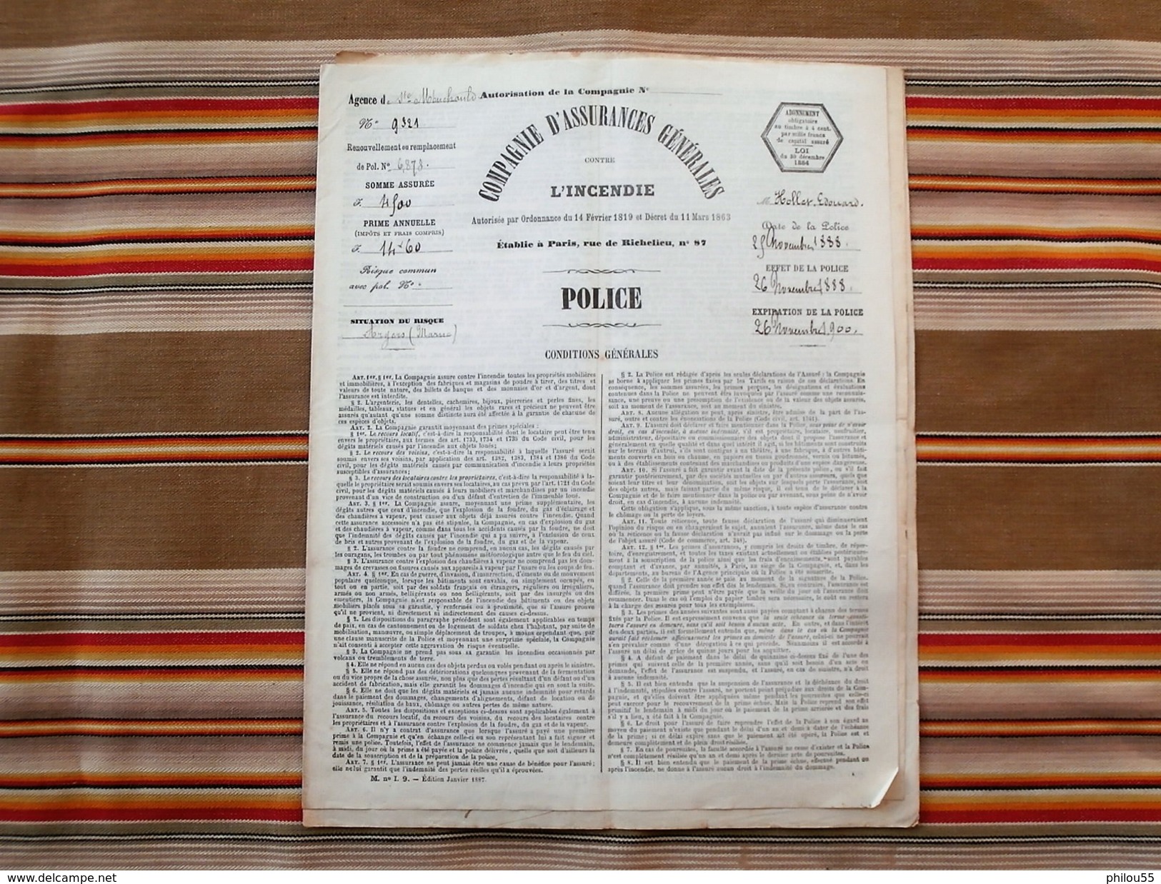 51 SAINTE MENEHOULD 1888 Compagnie D'Assurances Generales Contre L Incendie ARGERS - Banque & Assurance