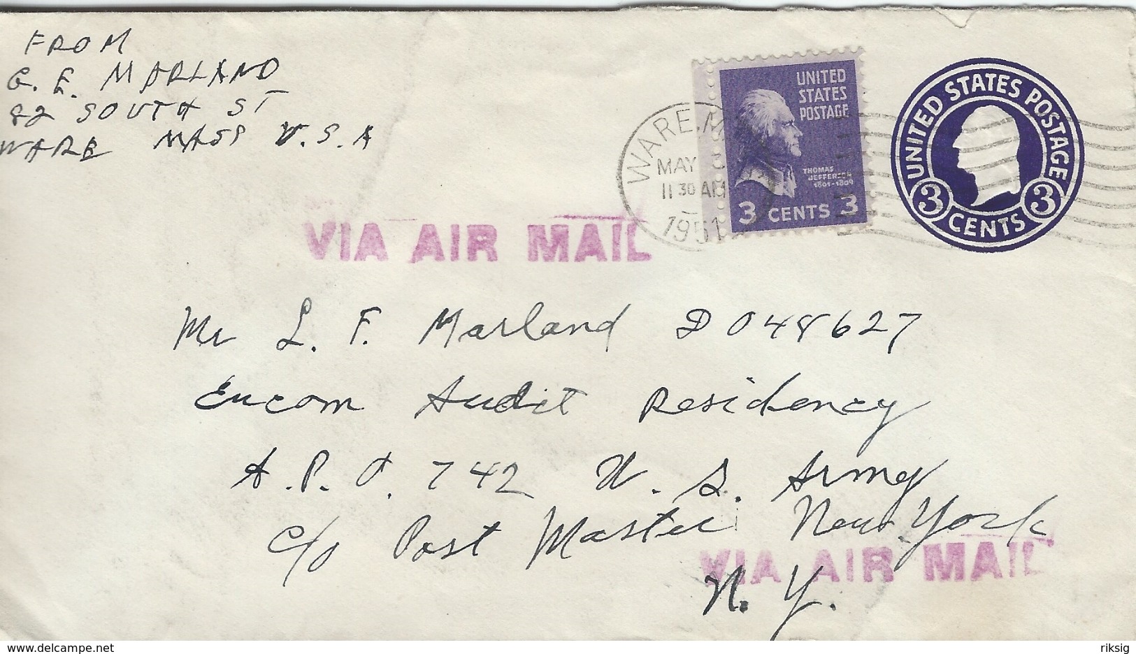 Uprated Stationery. Air Mai L Used Ware Mass.1951.  H-976 - 1941-60