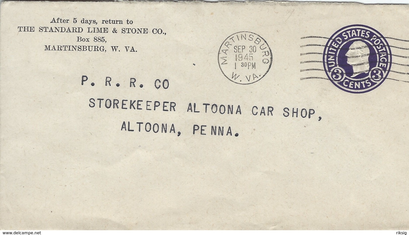 Stationery.  Used Martinsburg W. Va.  1945   H-978 - 1941-60