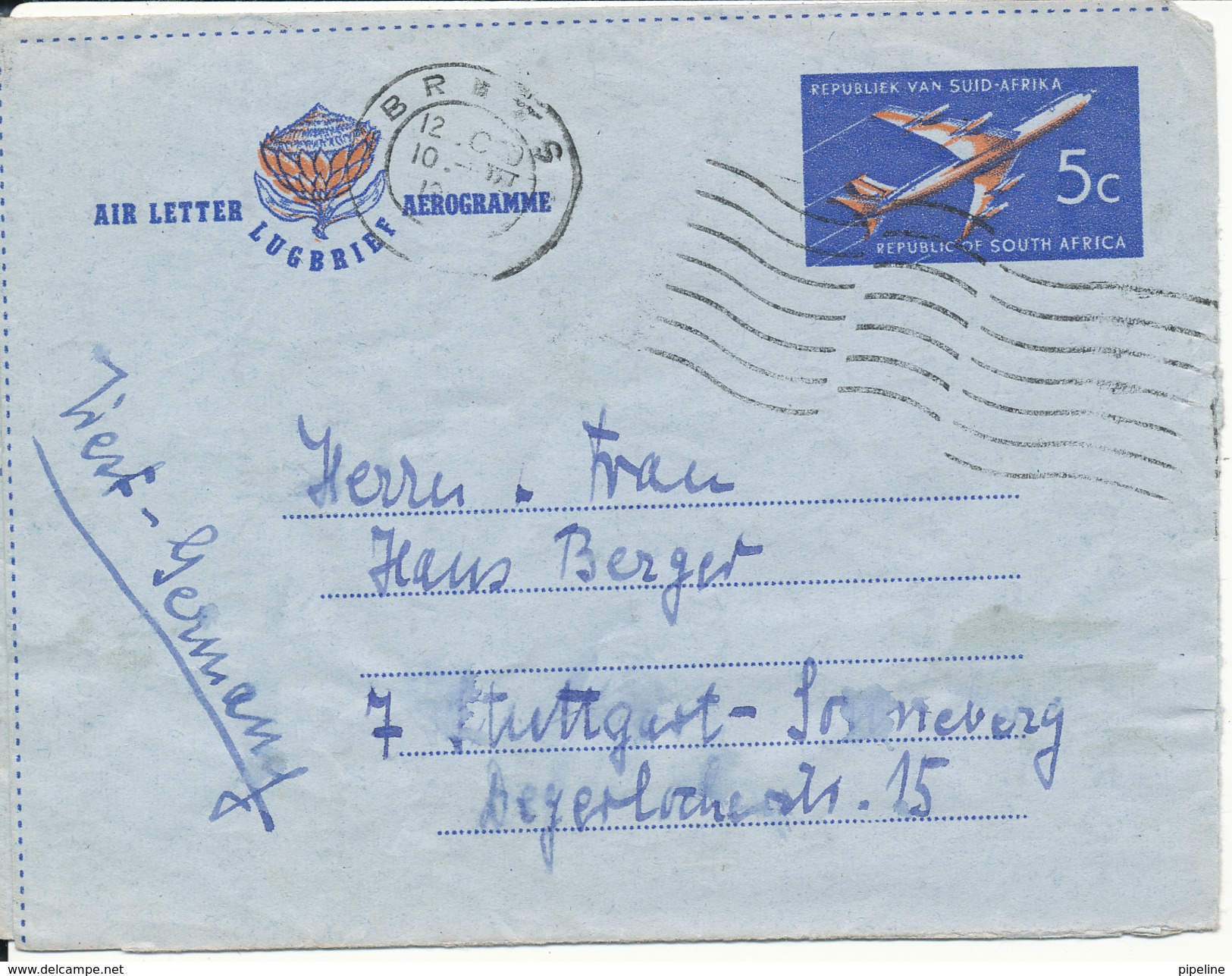 South Africa Aerogramme Sent To Germany Brits 10-3-1967 - Luchtpost