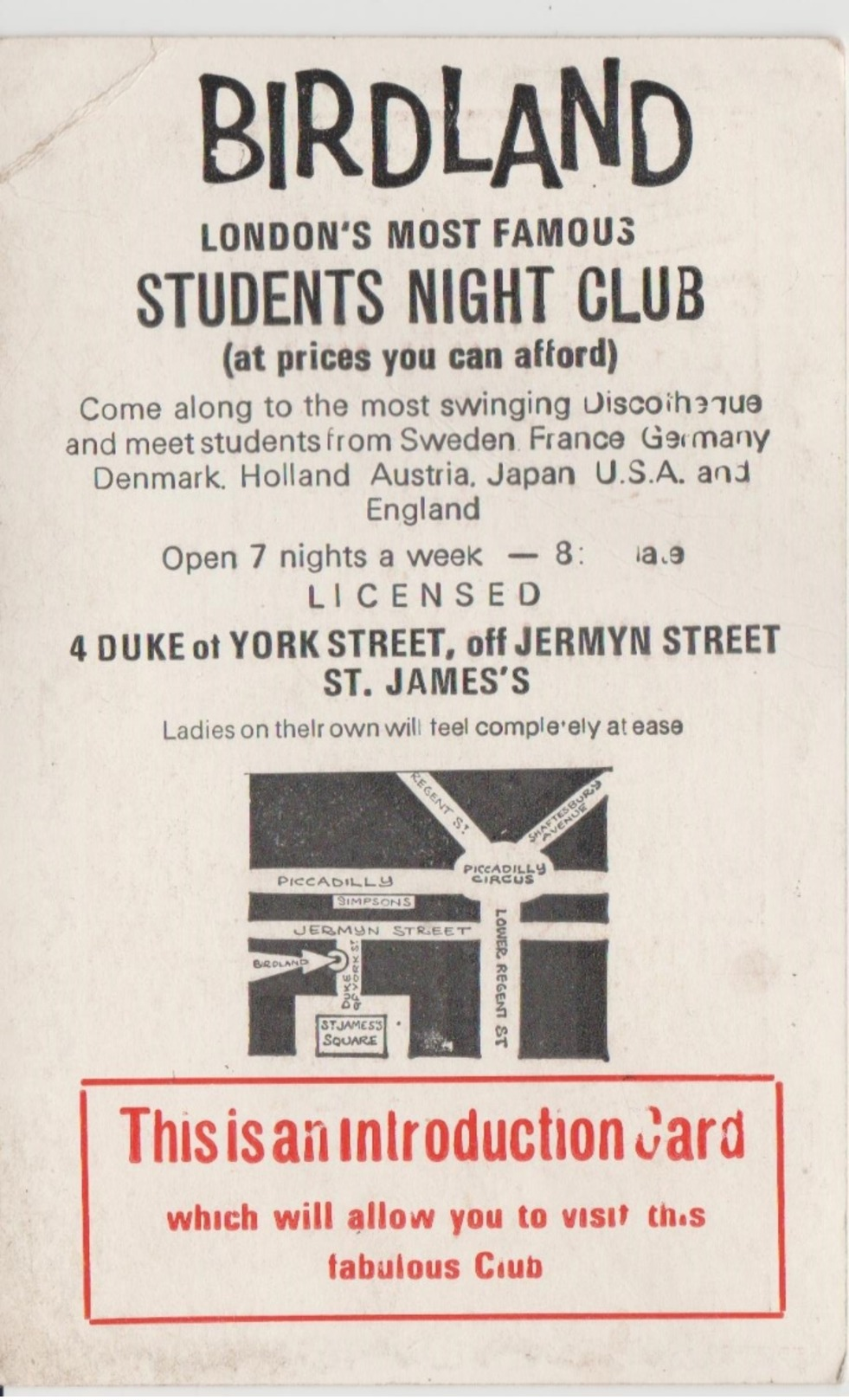 BIRLAND    STUDENTS  HIGHT  CLUB  (LONDON) - Publicités