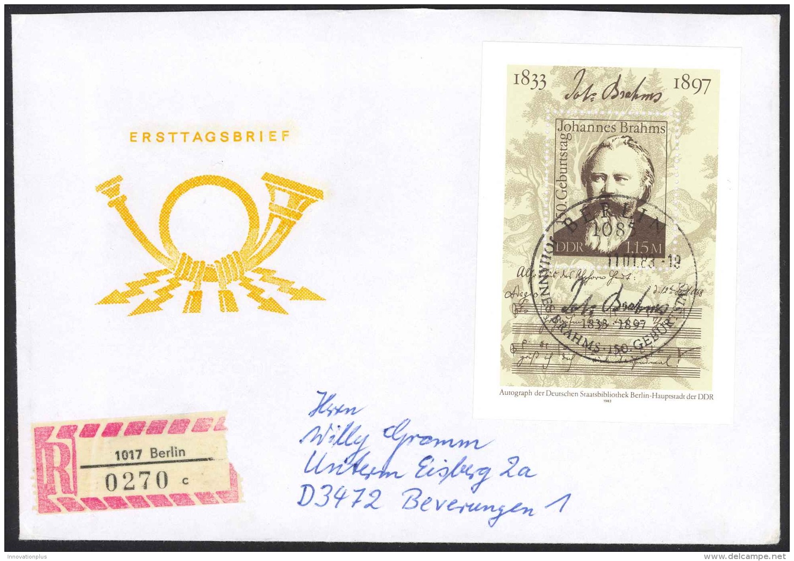 German Democratic Republic Sc# 2313 FDC Registered 1983 1.15m Johannes Brahms - Neufs