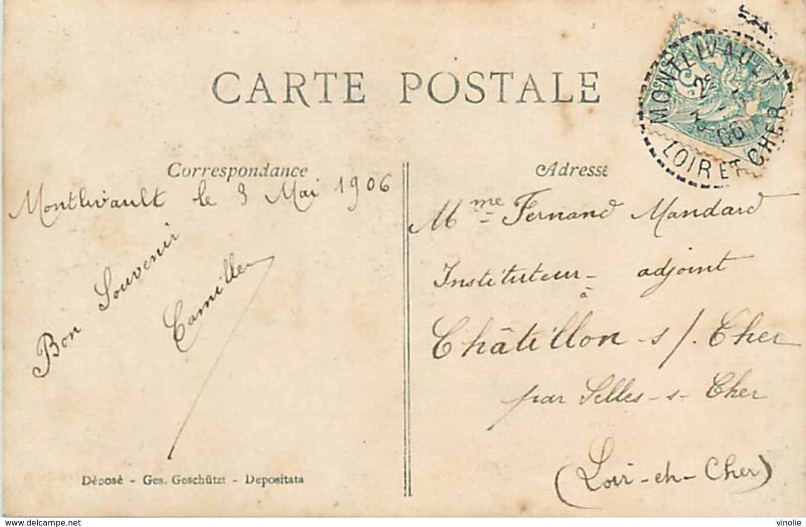 A-17-3799 : CARTE POSTALE FANTAISIE. CACHET MANUEL  PERLE MONTLIVAULT LOIR-ET-CHER 1906 - Cachets Manuels