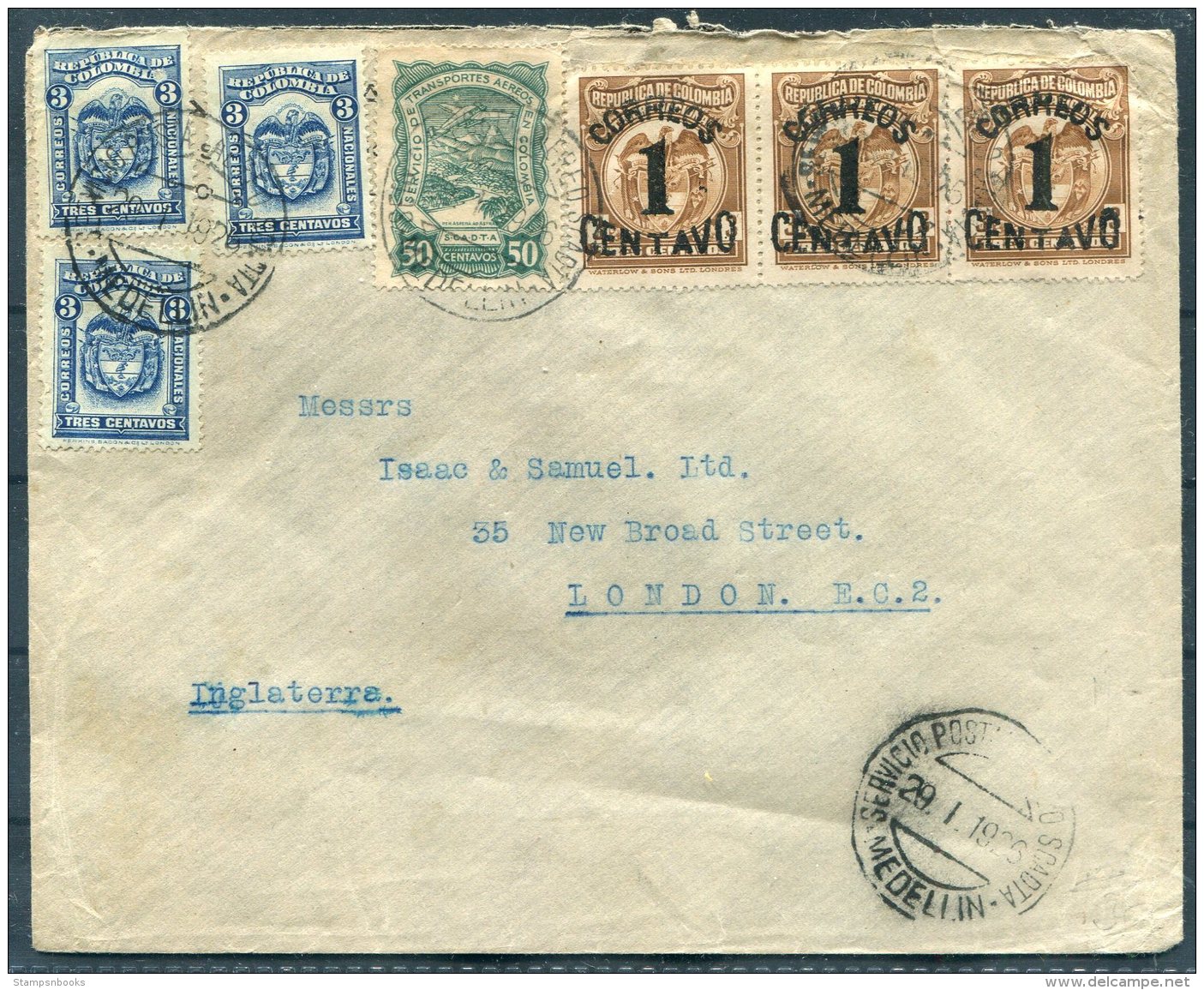 1926 Colombia  Medellin SCADTA Airmail Cover - Isaac &amp; Samuel Ltd, New Broad Street, London, GB. Judaica - Colombia