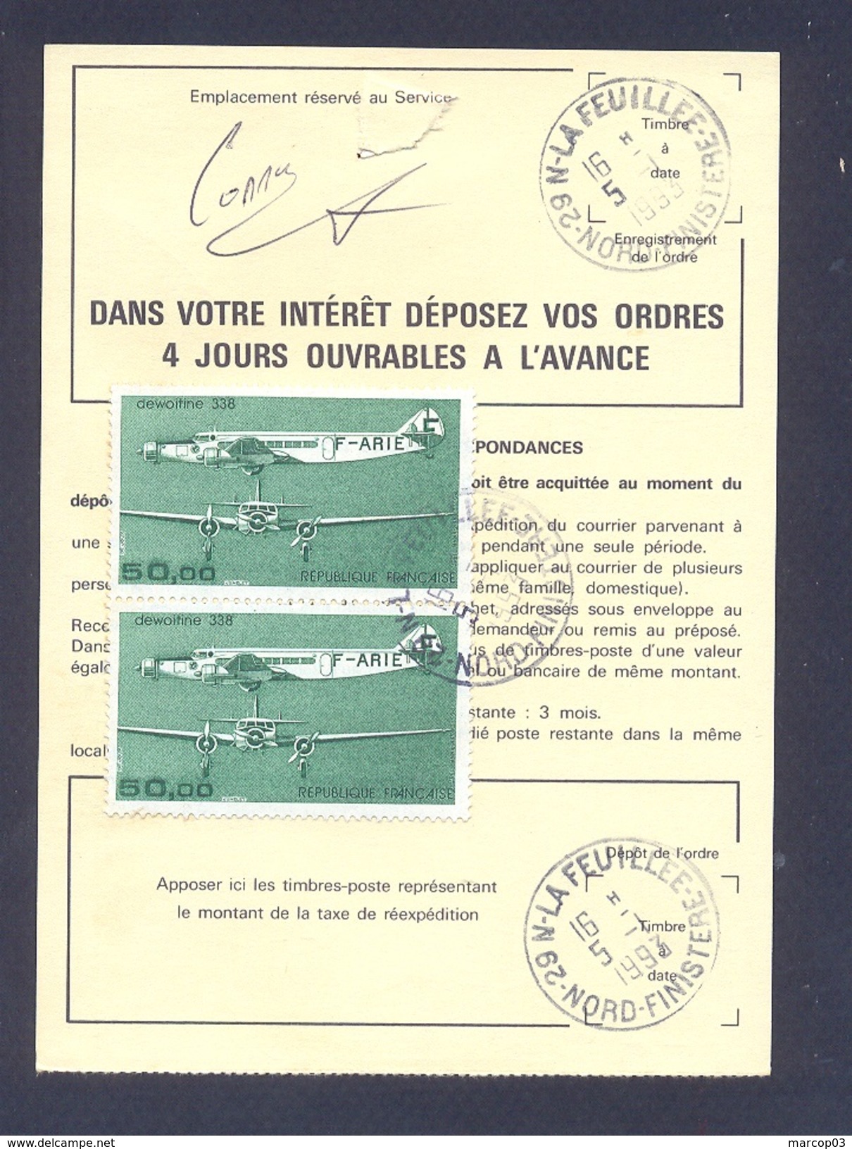 FINISTERE 29 LA FEUILLEE ORDRE DE REEXPEDITION - 1961-....