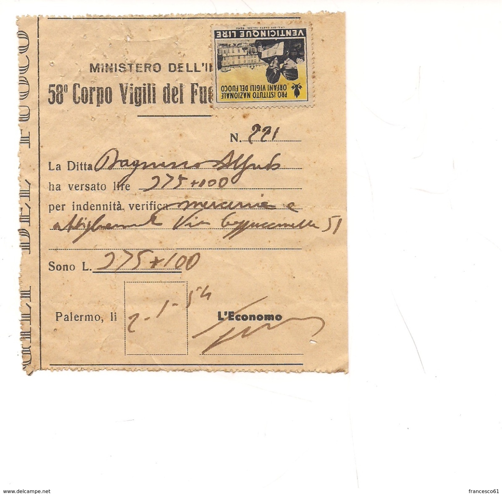$3-5069 ERINNOFILO PRO ORFANI VIGILI DEL FUOCO 1954 FORI SPILLO - Varietà E Curiosità
