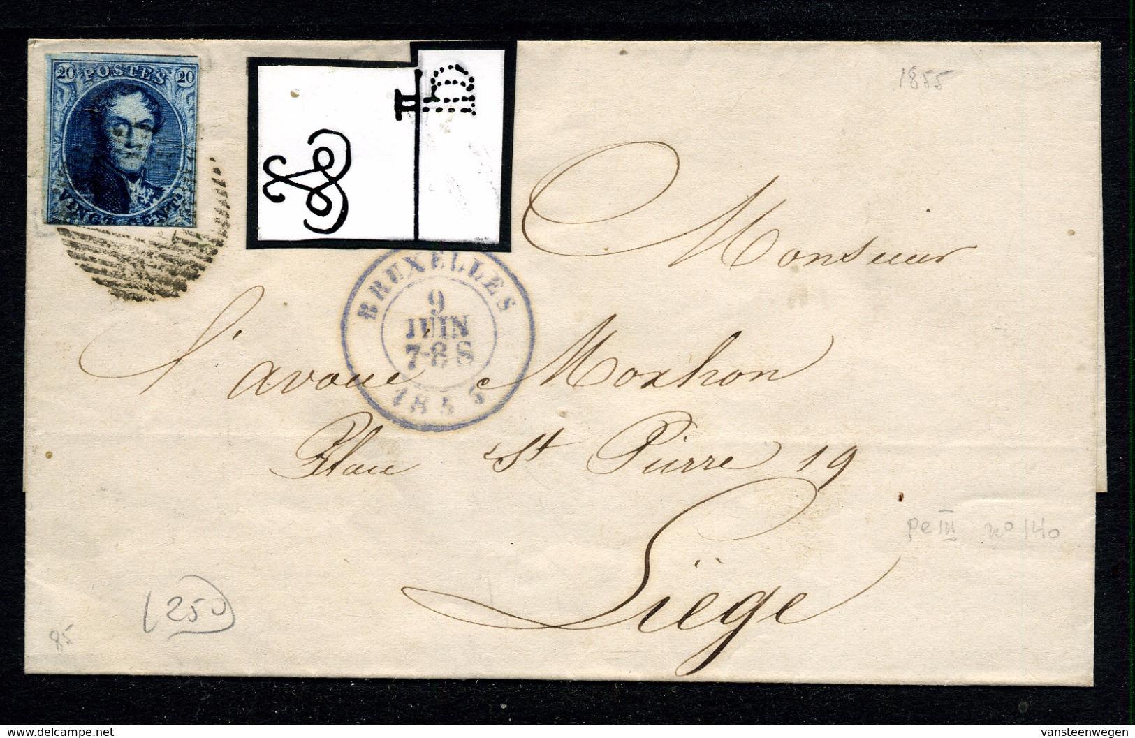 Belgique COB 7 Sur Lettre De Bruxelles à Liège 1855 - 1851-1857 Médaillons (6/8)