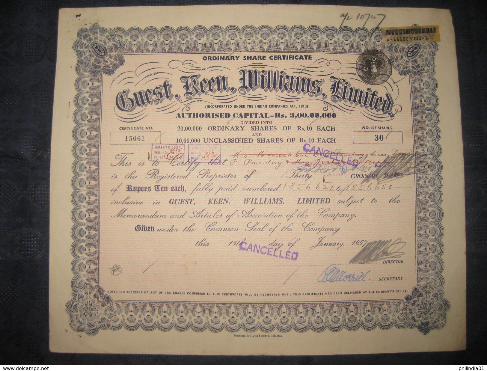 India 1950's Guest Williams Limited Share Certificate + Revenue # FB10 - Industry